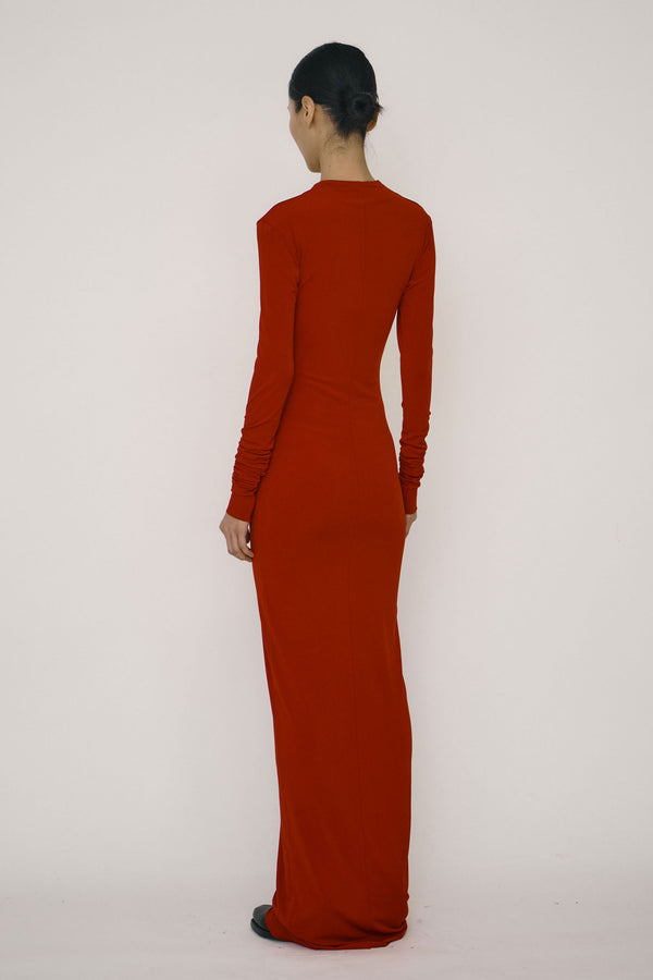 Red Skinny Long-Sleeve Mandarin Collar Maxi Dress-arc us arkus-APOC STORE