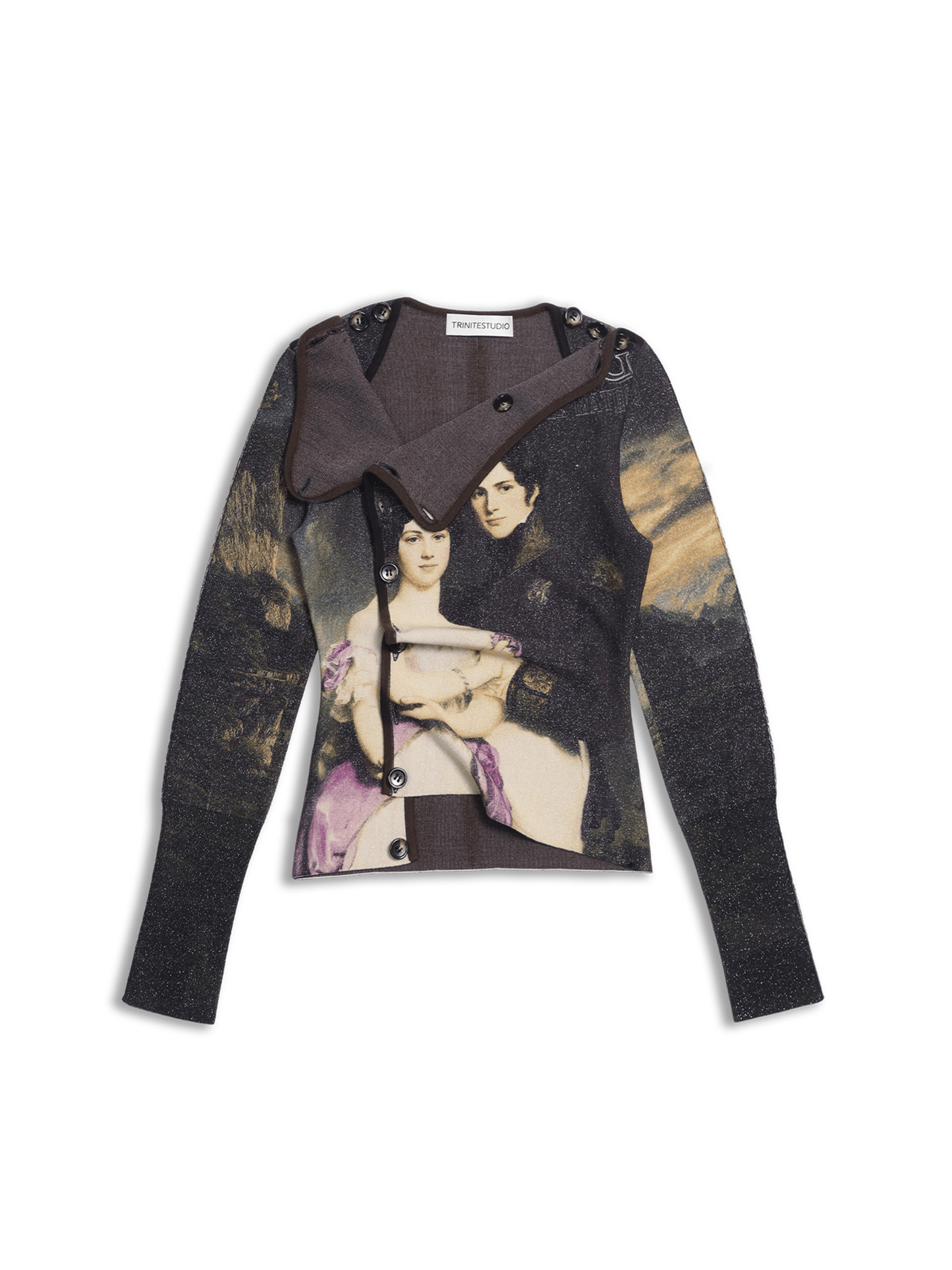 Printed Victorian-style Asymmetric Button Wool Cardigan-TRINITE Studio-APOC STORE