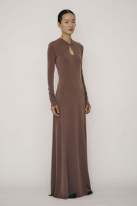 Khaki Skinny Long-Sleeve Mandarin Collar Flared Maxi Dress-arc us arkus-APOC STORE
