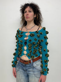 Turquoise pompom cardigan-Scar Kennedy-APOC STORE