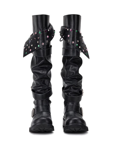 Beaded Cuff Western Boots -Black-EMPTY BEHAVIOR-APOC STORE