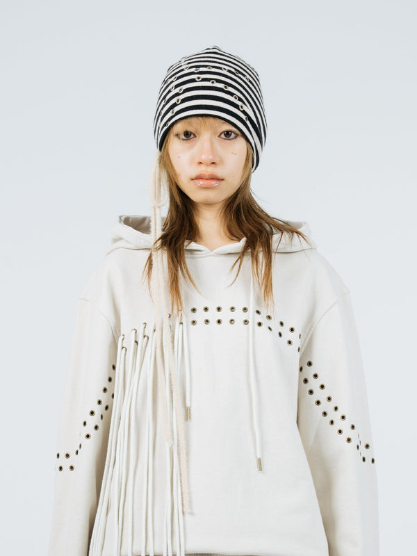 Eyelet stripe beanie black ivory-Nibgnus-APOC STORE
