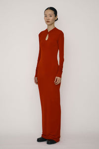 Red Skinny Long-Sleeve Mandarin Collar Maxi Dress-arc us arkus-APOC STORE