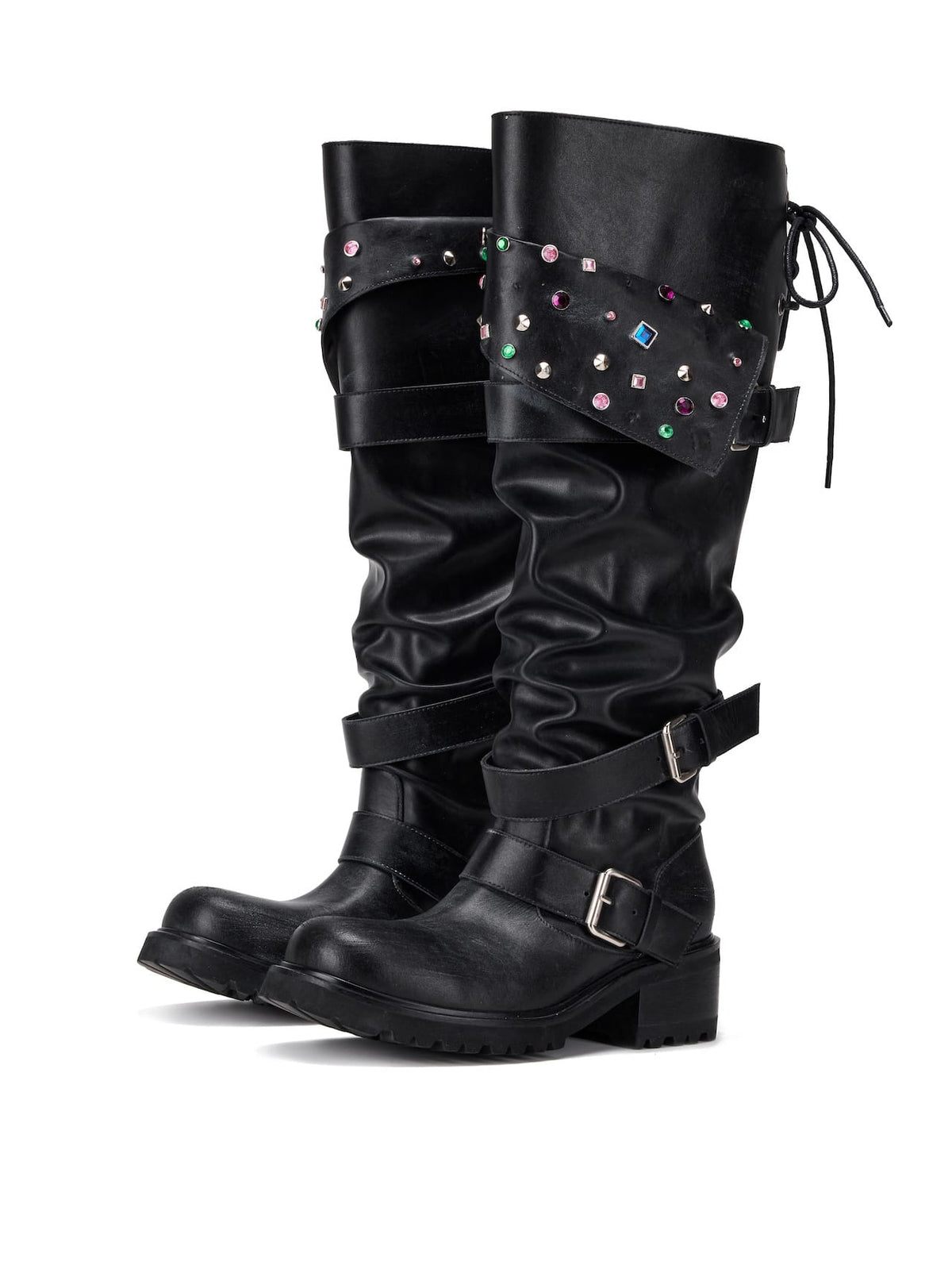 Beaded Cuff Western Boots -Black-EMPTY BEHAVIOR-APOC STORE