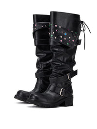 Beaded Cuff Western Boots -Black-EMPTY BEHAVIOR-APOC STORE