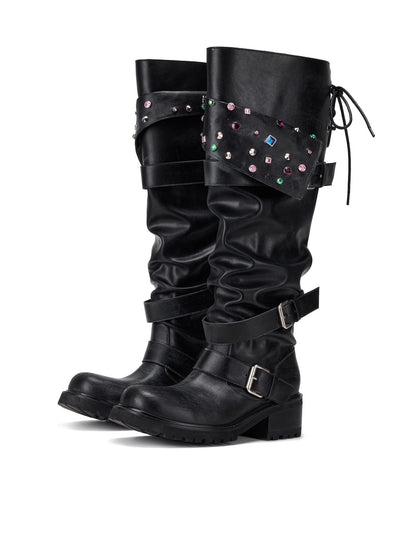 Beaded Cuff Western Boots -Black-EMPTY BEHAVIOR-APOC STORE