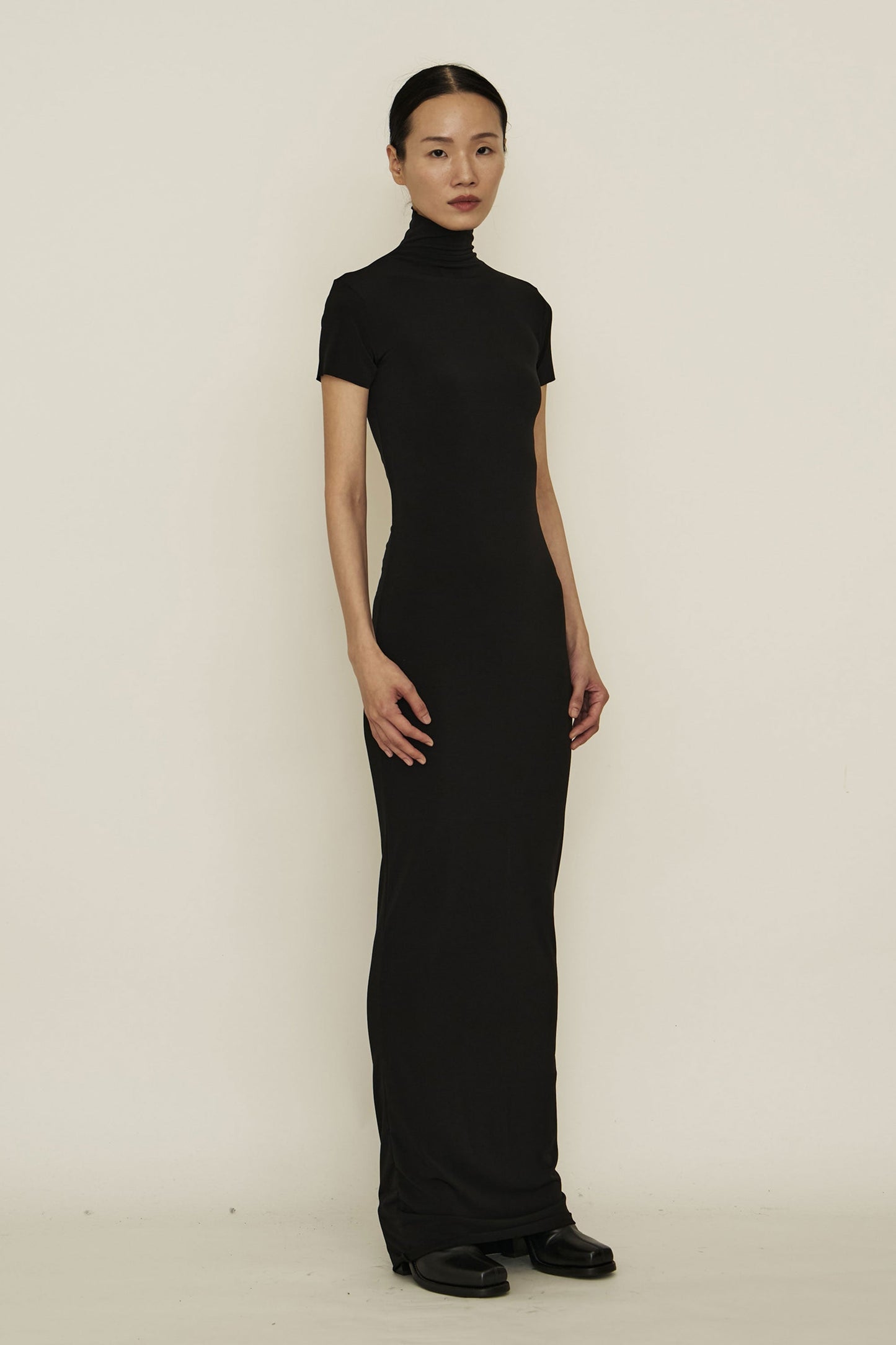 Black Skinny High Neck Short-Sleeve Maxi Dress-arc us arkus-APOC STORE