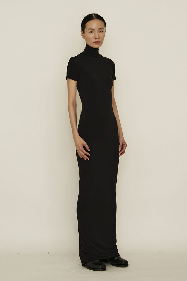 Black Skinny High Neck Short-Sleeve Maxi Dress-arc us arkus-APOC STORE