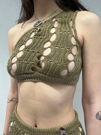 ASYMMETRIC KHAKI KNIT MESH TOP-Sania Parvez-APOC STORE