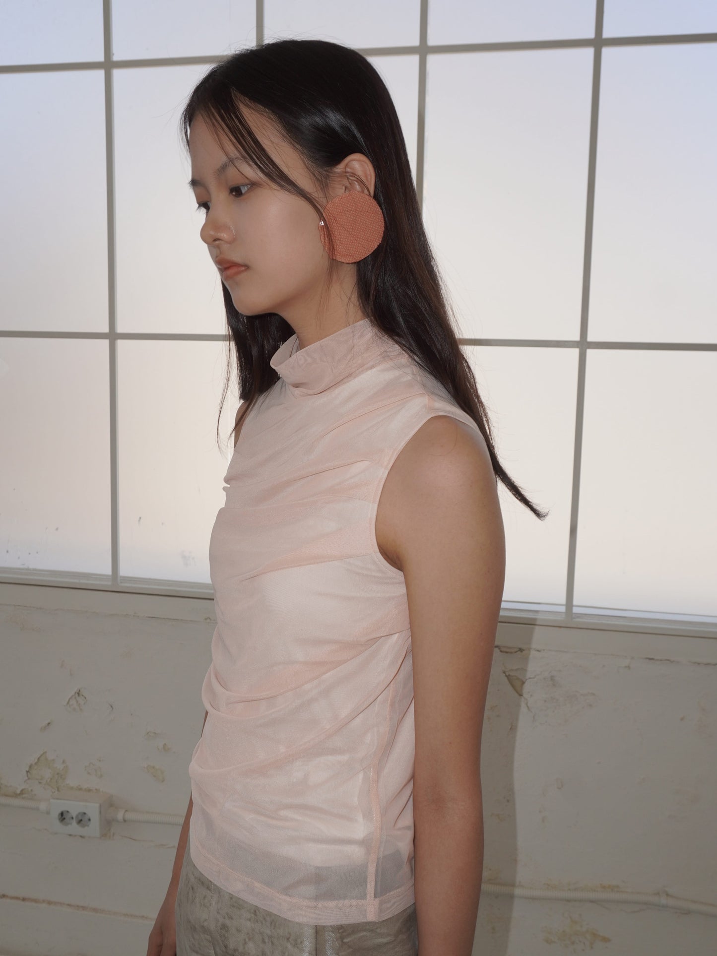 Draped Layer Top Peach-mesh blanca-APOC STORE