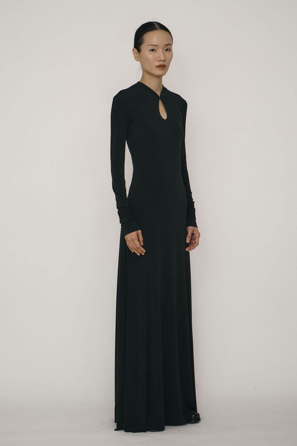 Black Skinny Long-Sleeve Mandarin Collar Flared Maxi Dress-arc us arkus-APOC STORE