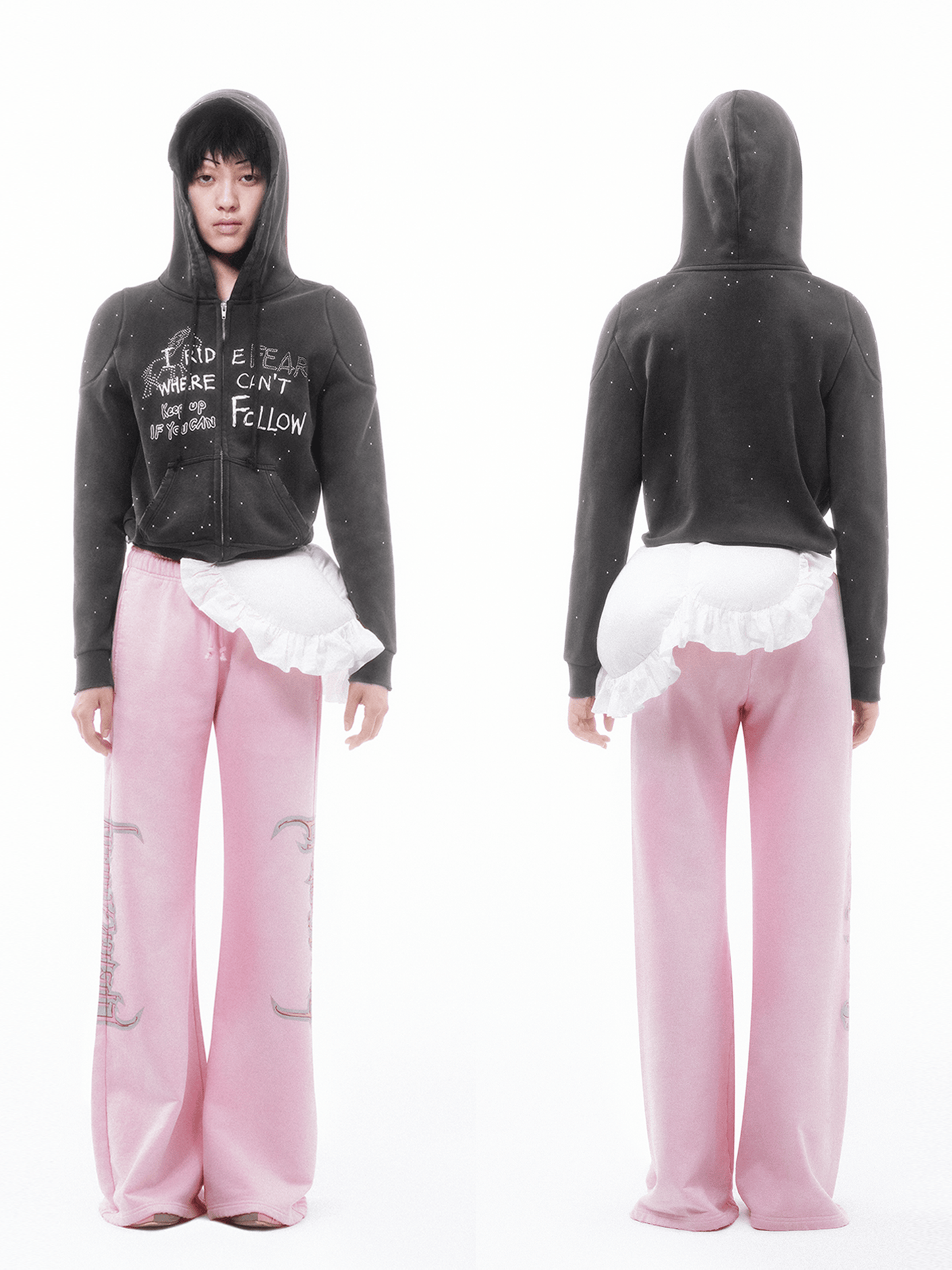 Dark Grey Metal Rivet&Printing Decorative Zip Hoodie-TRINITE Studio-APOC STORE