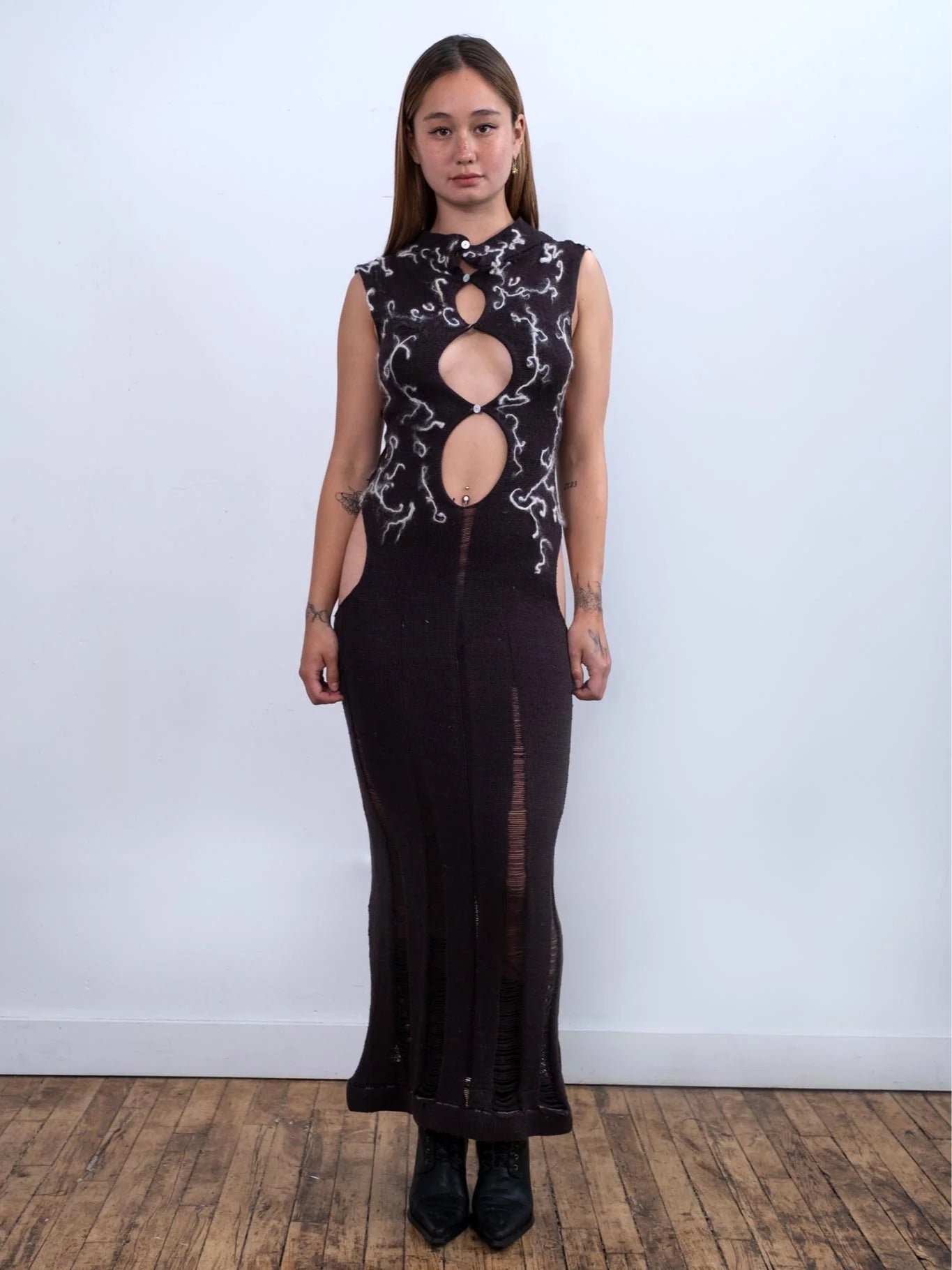 Black Lighting Cut-Out Felted Maxi Dress-GRACE GUI-APOC STORE