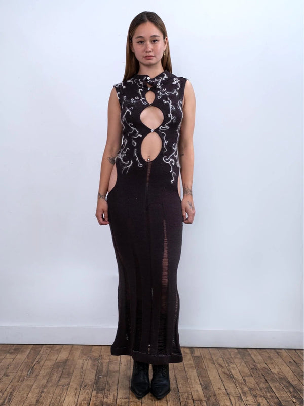 Black Lighting Cut-Out Felted Maxi Dress-GRACE GUI-APOC STORE