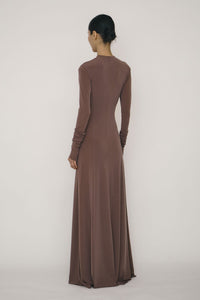 Khaki Skinny Long-Sleeve Mandarin Collar Flared Maxi Dress-arc us arkus-APOC STORE