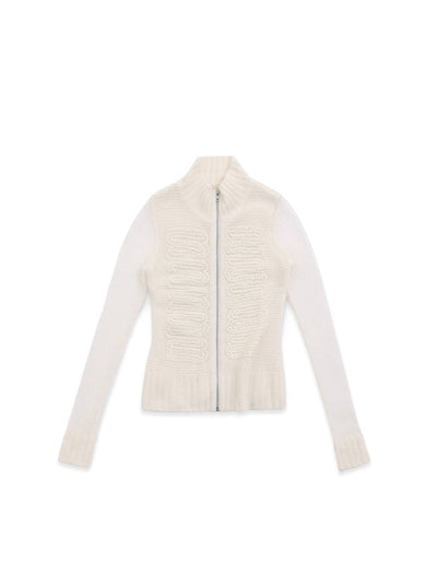 White Embossed Floral Turtleneck Fitted Cashmere Cardigan-TRINITE Studio-APOC STORE