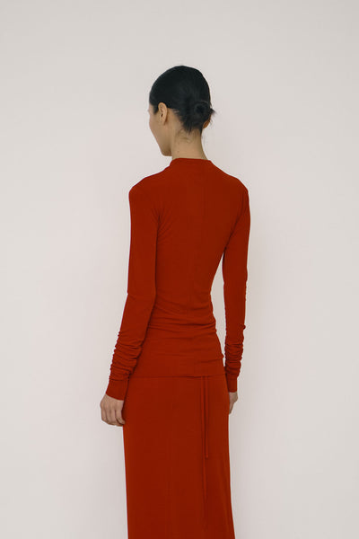 Red Skinny Long-Sleeve Mandarin Collar Top-arc us arkus-APOC STORE