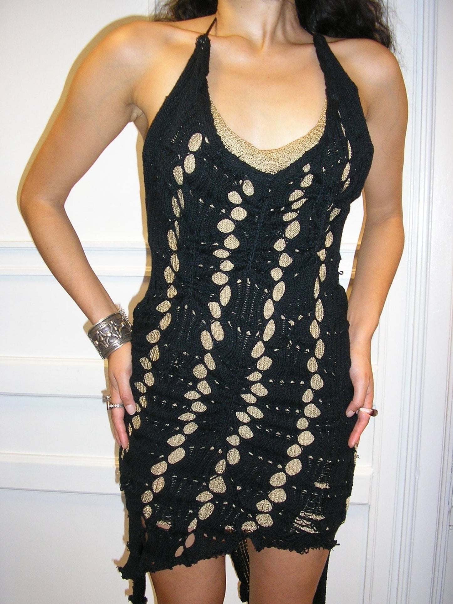 Black and Gold Mesh Knit Dress-SANIA PARVEZ-APOC STORE