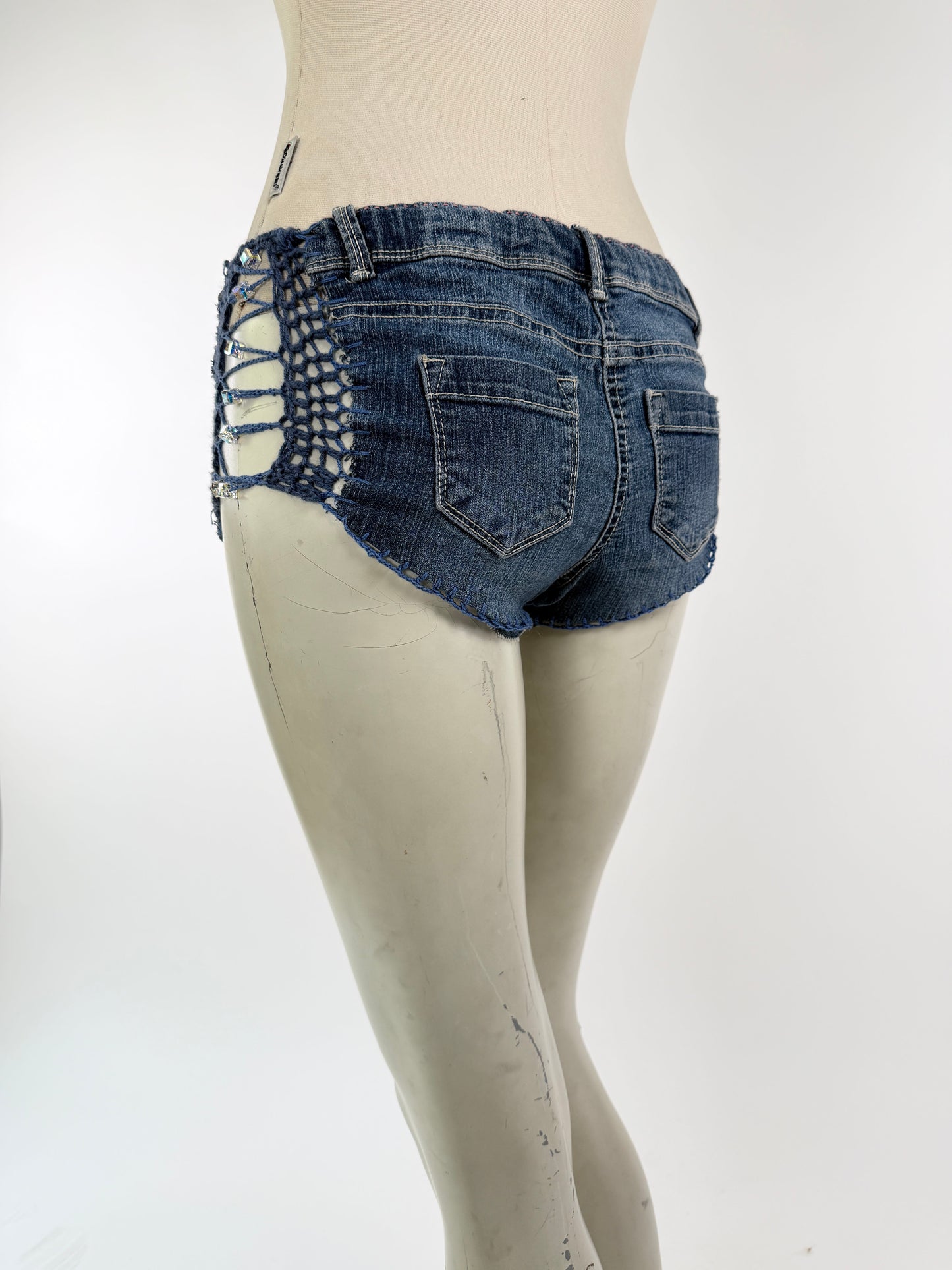 Crocheted Mini Denim Shorts-Lou de Bètoly-APOC STORE