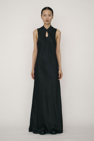 Black Satin Mandarin Collar Bias-Cut Dress-arc us arkus-APOC STORE