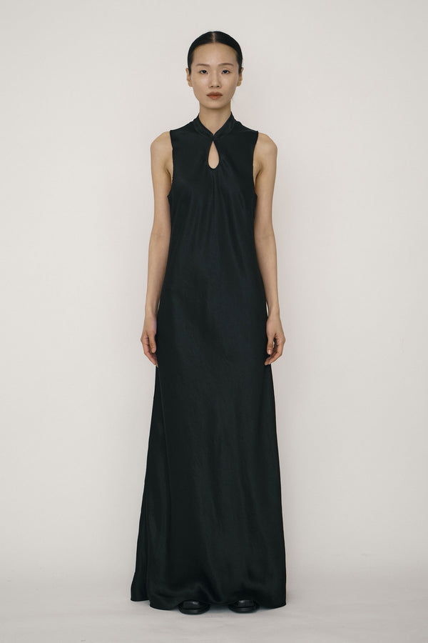 Black Satin Mandarin Collar Bias-Cut Dress-arc us arkus-APOC STORE