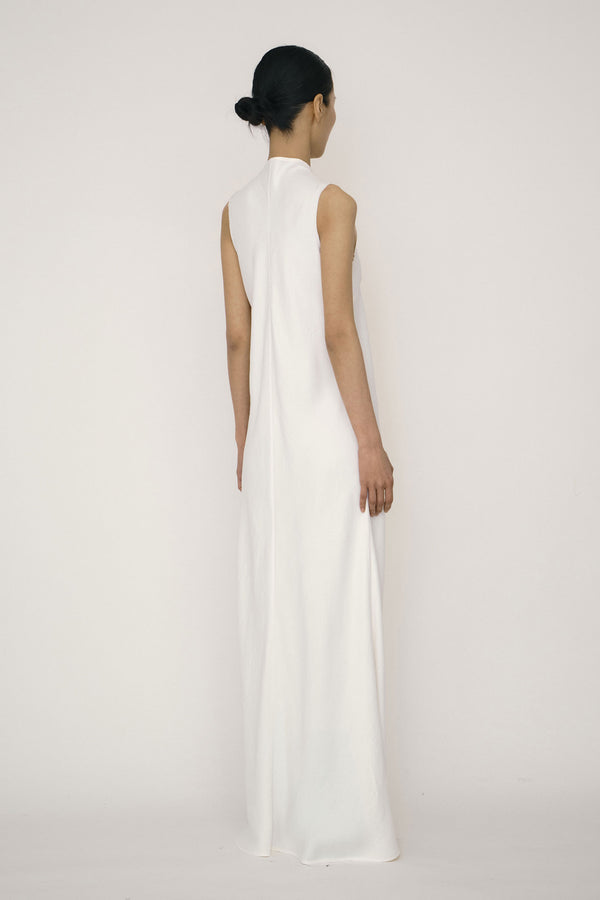 White Satin Mandarin Collar Bias-Cut Dress-arc us arkus-APOC STORE