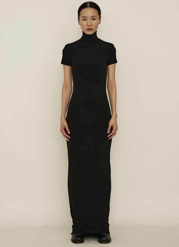 Black Skinny High Neck Short-Sleeve Maxi Dress-arc us arkus-APOC STORE