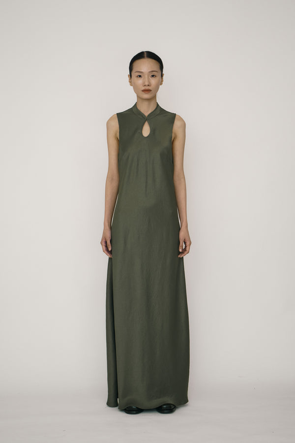 Green Satin Mandarin Collar Bias-Cut Dress-arc us arkus-APOC STORE