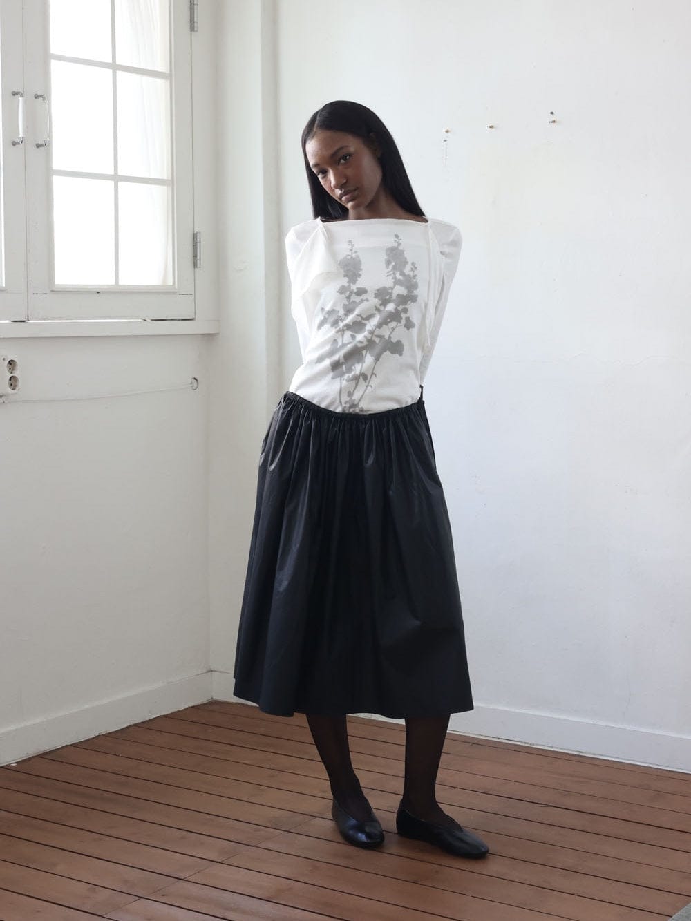 Coated Cotton Gathered Skirt -Black-Julye Han-APOC STORE