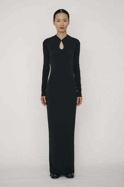 Black Skinny Long-Sleeve Mandarin Collar Maxi Dress APOC STORE Black Skinny Long-Sleeve Mandarin Collar Maxi Dress APOC STORE