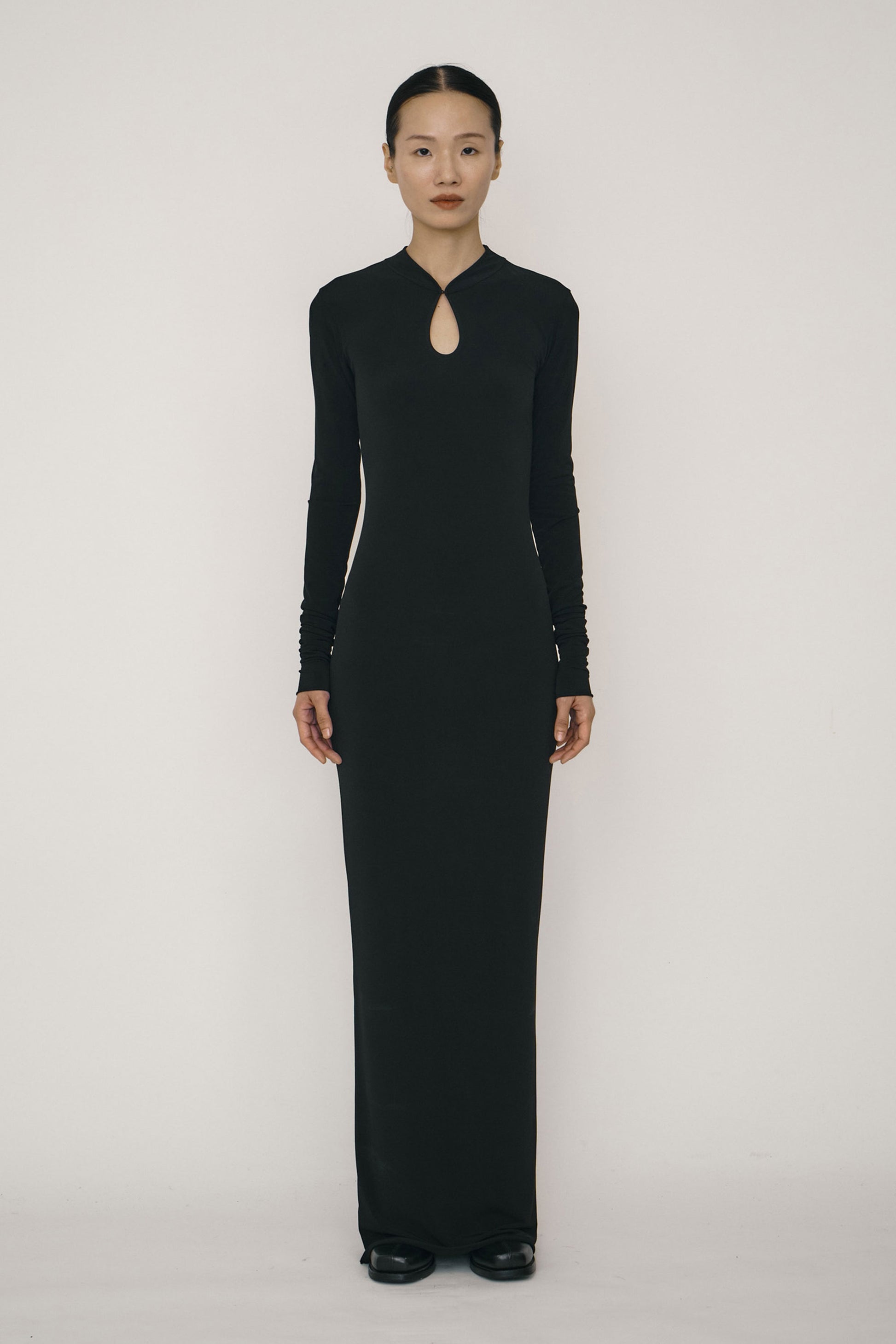 Black Skinny Long-Sleeve Mandarin Collar Maxi Dress-arc us arkus-APOC STORE