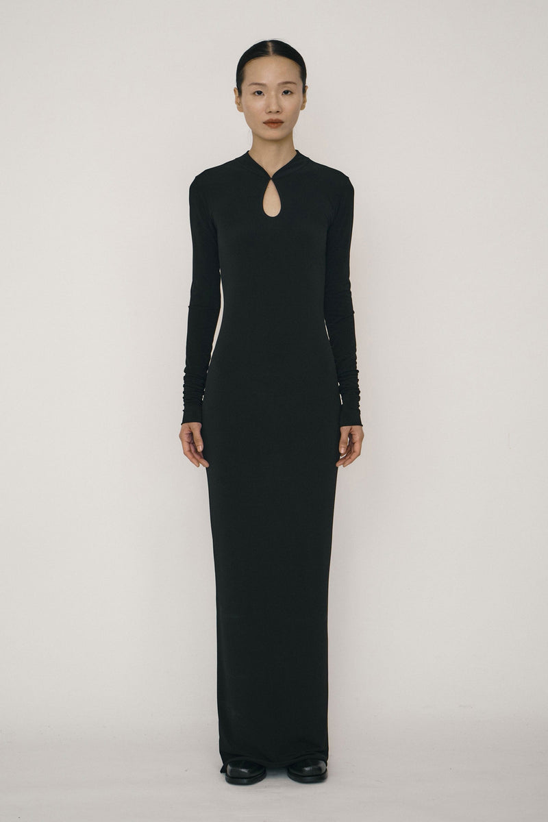 Black Skinny Long-Sleeve Mandarin Collar Maxi Dress – APOC STORE