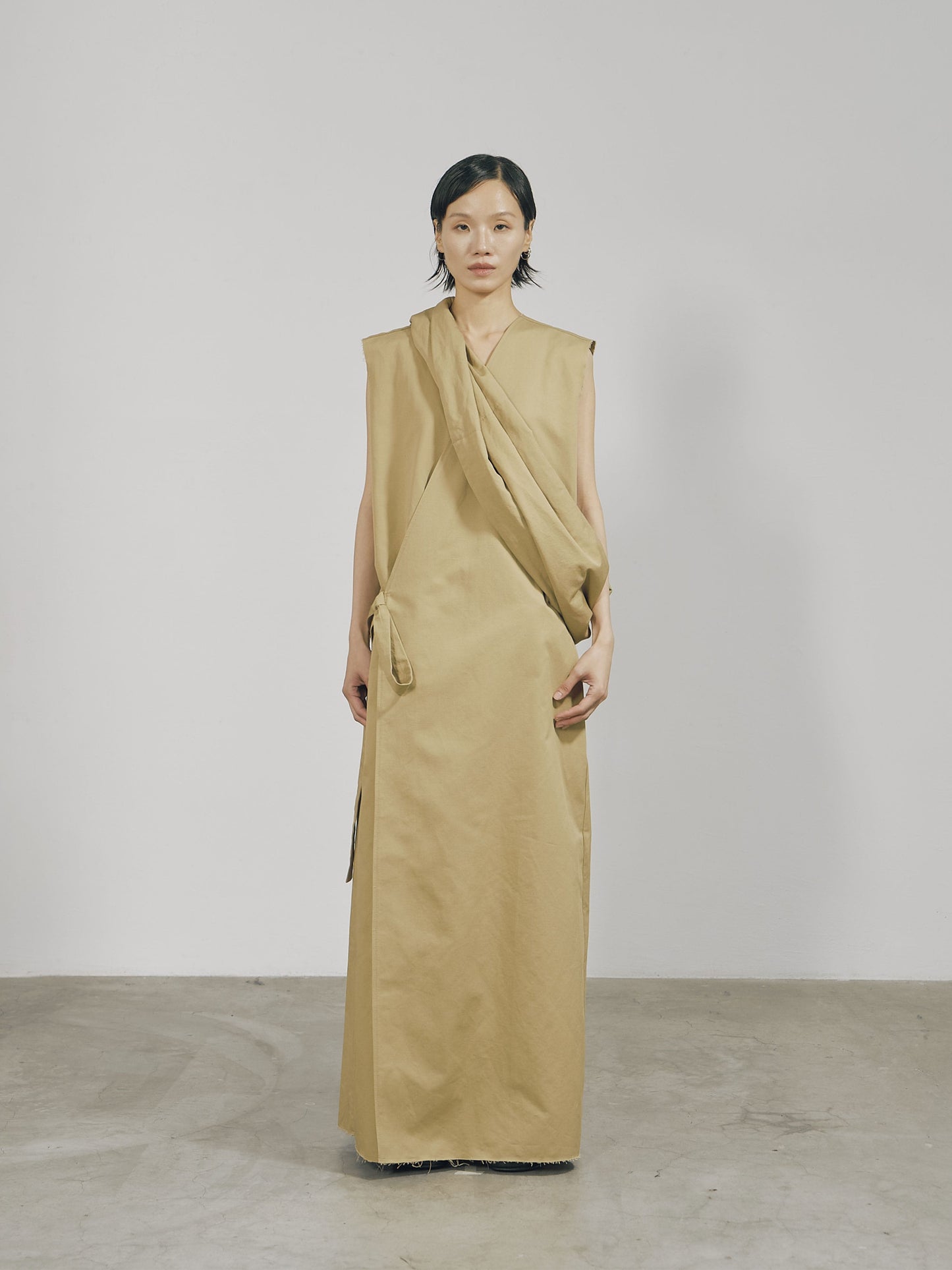 Khaki Cotton Wrap Sleeveless Dress-arc us arkus-APOC STORE