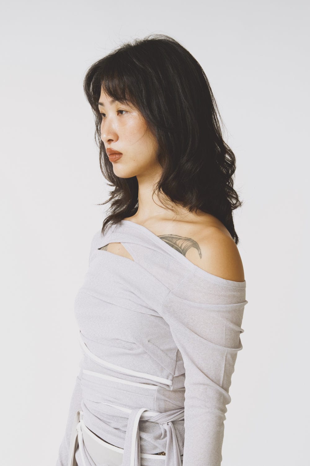TWIST OFF-SHOULDER TOP LIGHT GREY-Lalameemee-APOC STORE