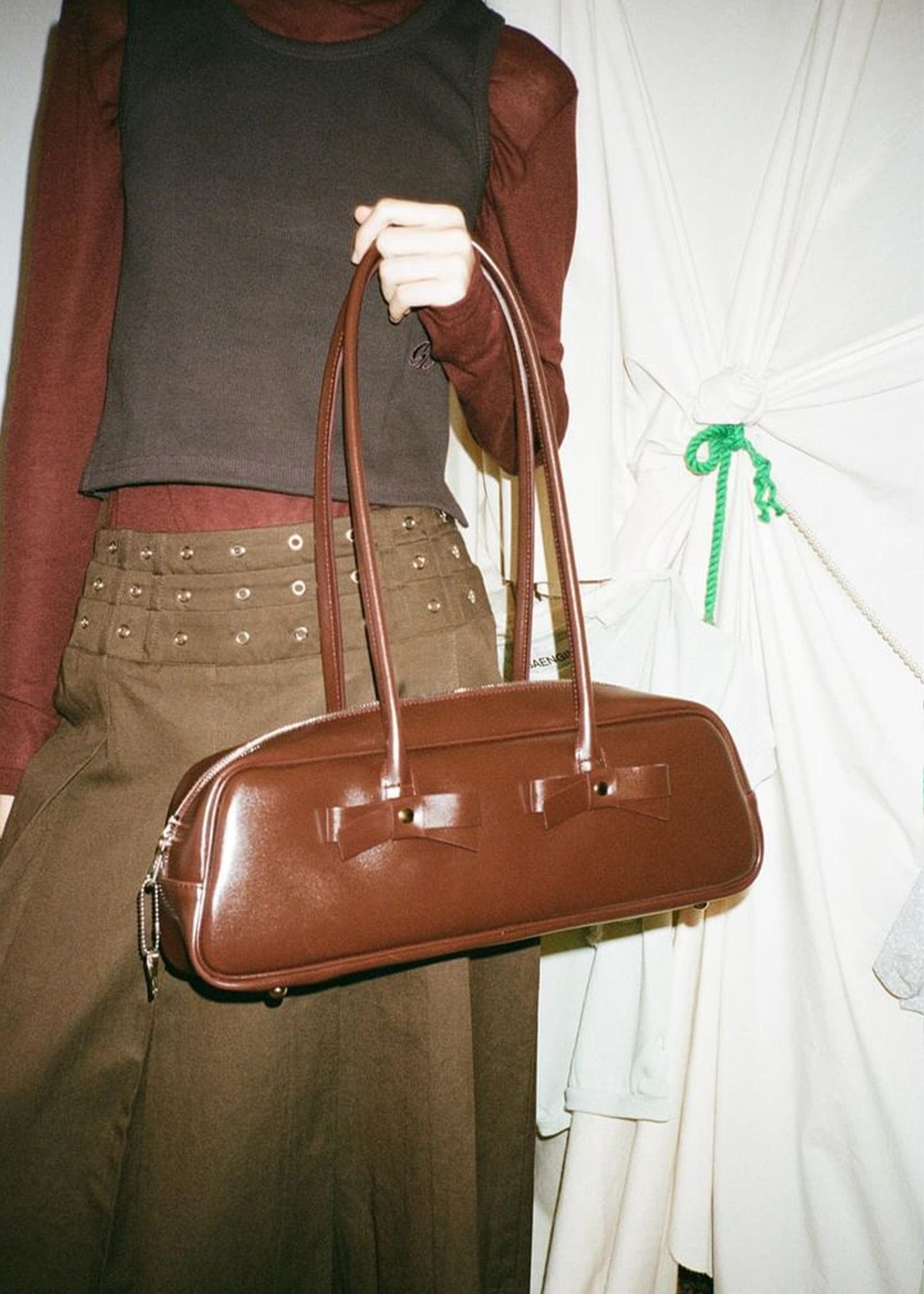 RIBBON BAGUETTE BAG BURGUNDY-SAENGIN STUDIOS-APOC STORE