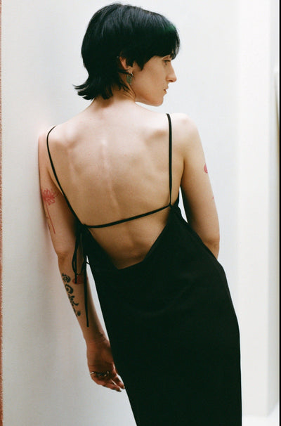 Black Bias Cut Square Neck Open Back Dress-arc us arkus-APOC STORE