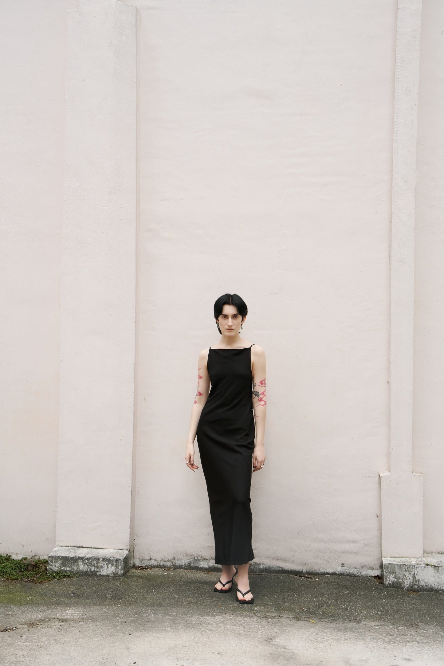 Black Bias Cut Square Neck Open Back Dress-arc us arkus-APOC STORE