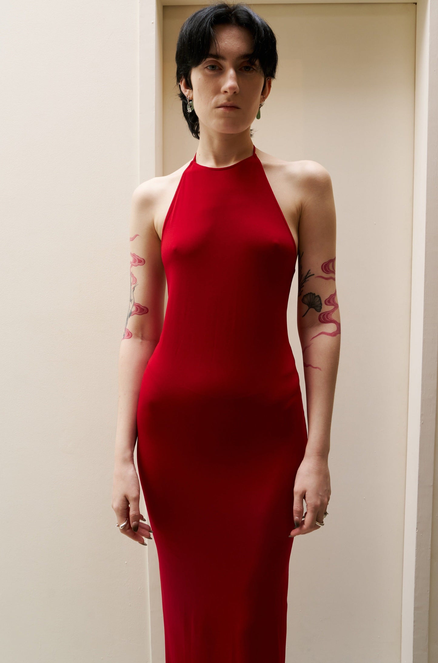 Red Skinny Apron Maxi Dress-arc us arkus-APOC STORE