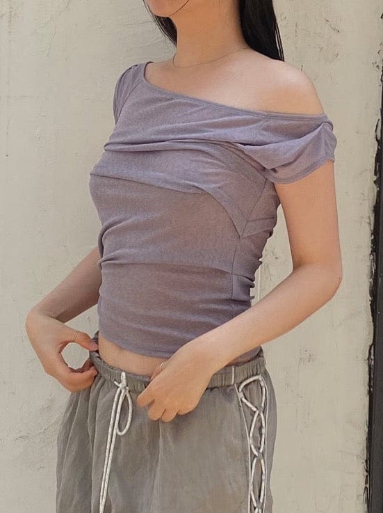 draping off-shoulder top grey-Lalameemee-APOC STORE