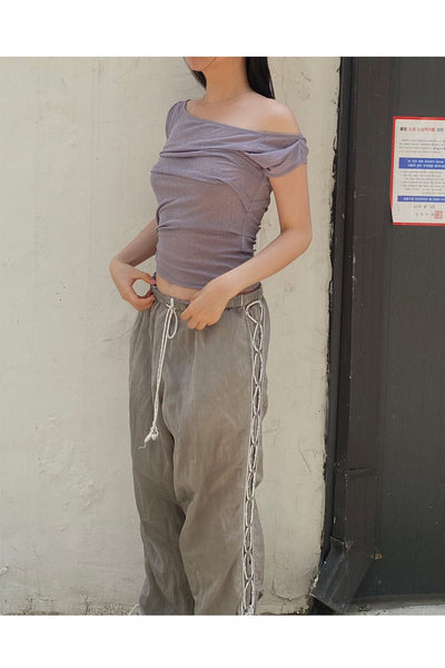 draping off-shoulder top grey-Lalameemee-APOC STORE