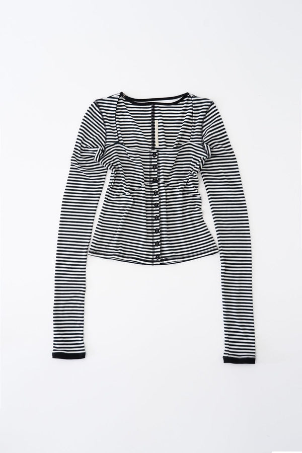 STRAP STRIPED CARDIGAN (BLACK AND WHITE)-Lalameemee-APOC STORE