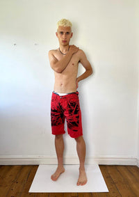 Hands On Print Red Denim Shorts-Pip Paz-Howlett-APOC STORE