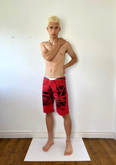 Hands On Print Red Denim Shorts-Pip Paz-Howlett-APOC STORE