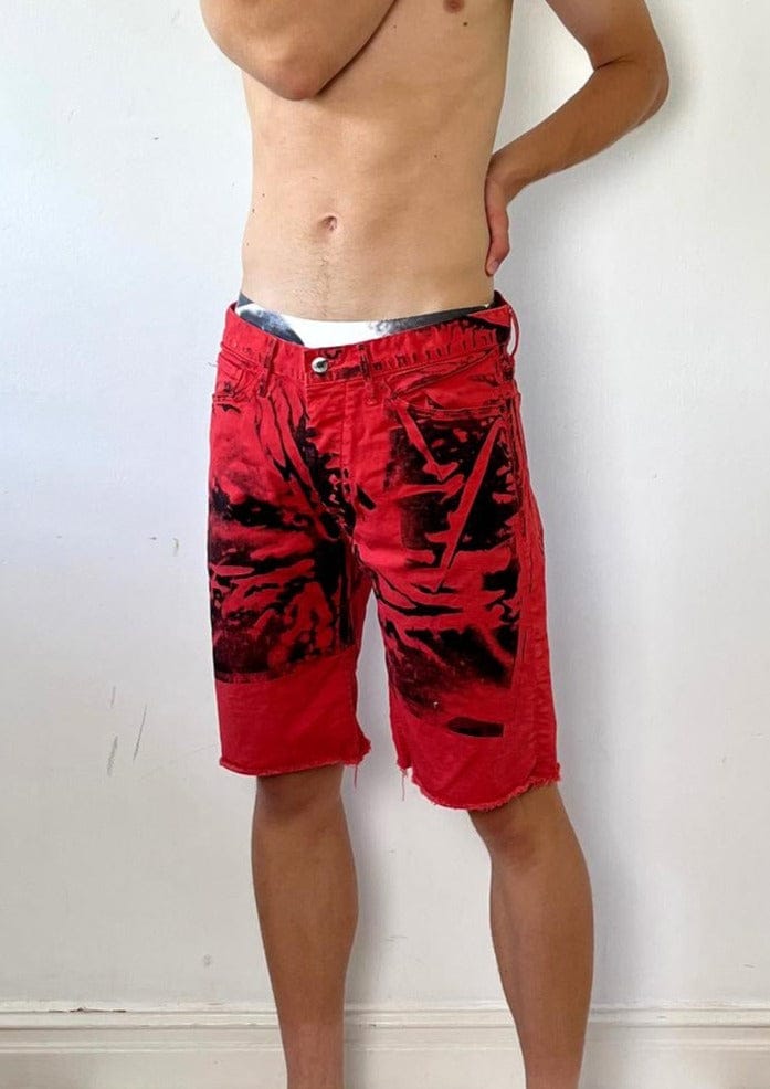 Hands On Print Red Denim Shorts-Pip Paz-Howlett-APOC STORE