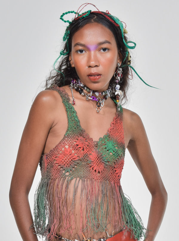 Green Orange Fringe Latex Lace Top-VEREDAS-APOC STORE