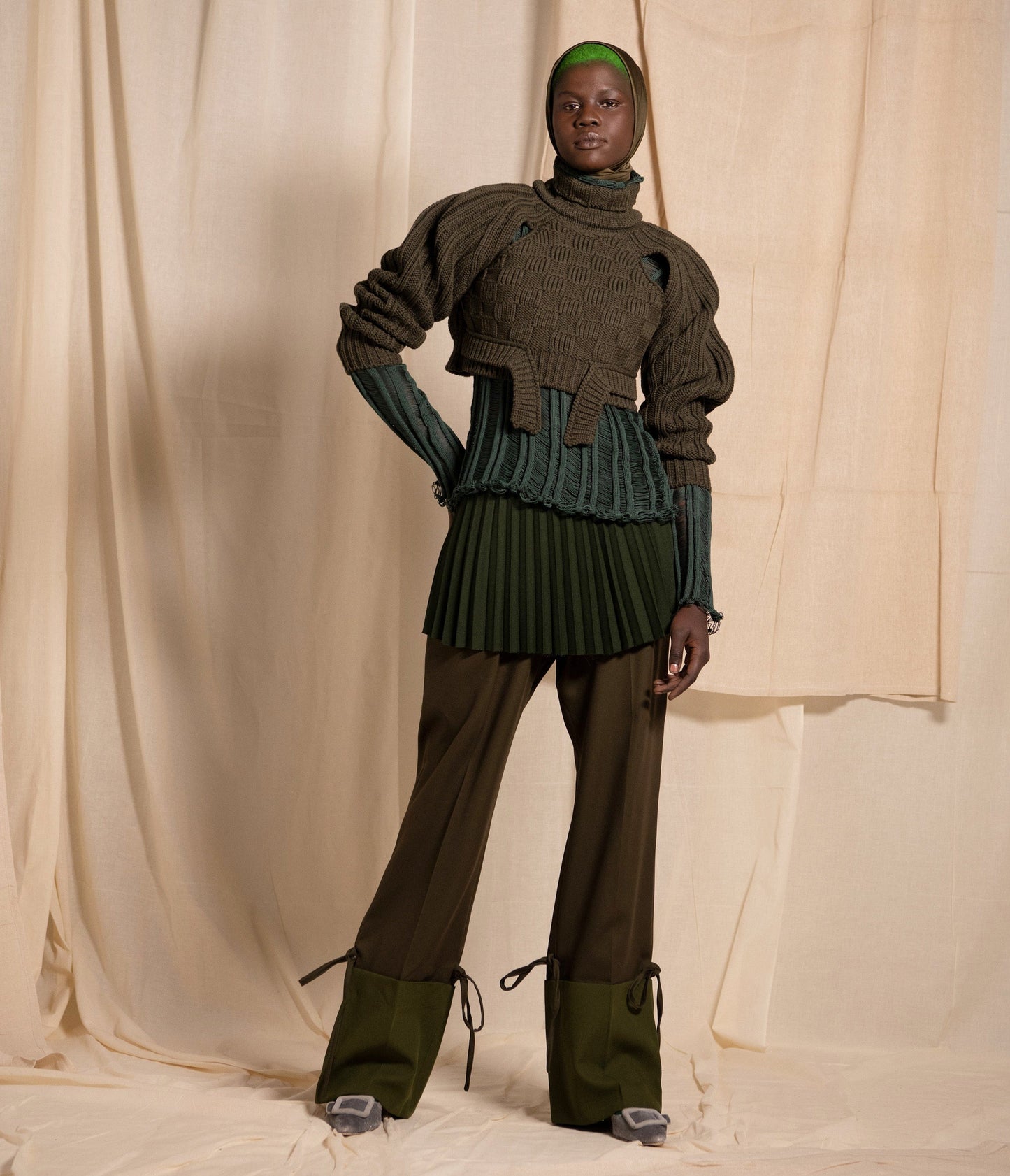 Khaki Cropped Open Sleeve Multi Rib-Richard Malone-APOC STORE