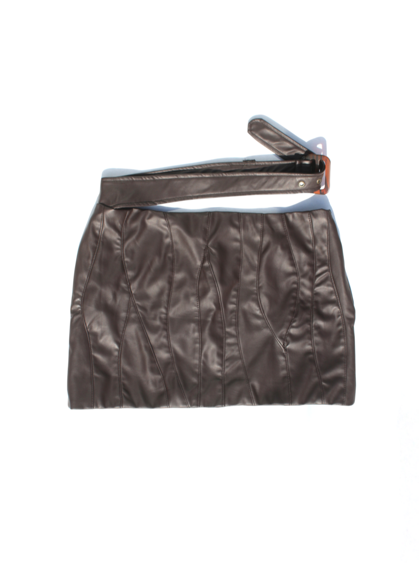 Chocolate Patch Leather Skirt-Soji Solarin-APOC STORE