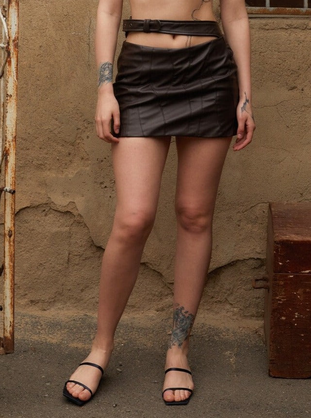 Chocolate Patch Leather Skirt-Soji Solarin-APOC STORE