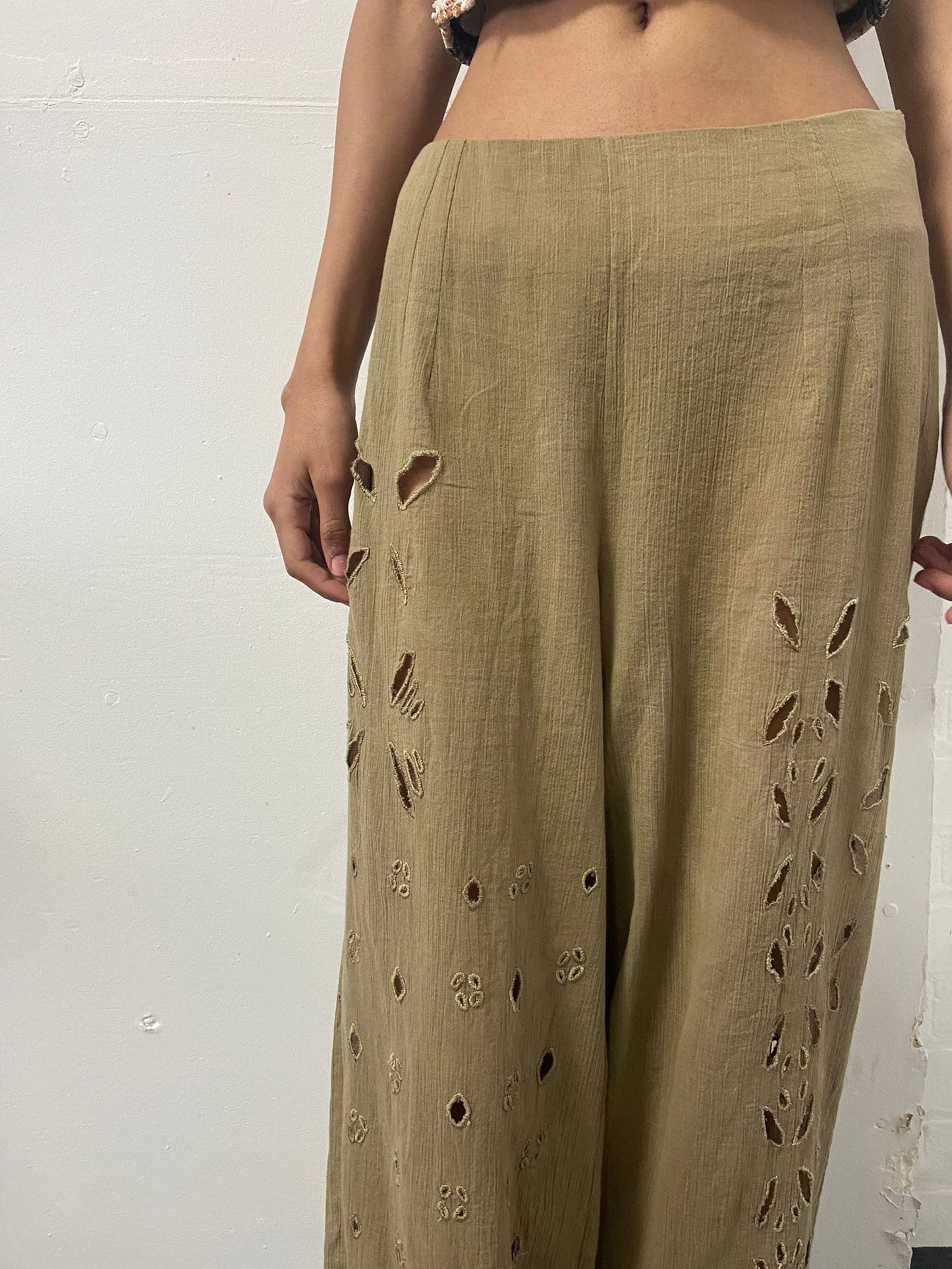 Natural Hand Dyed Triple Embroidered Trousers-Luna Del Pinal-APOC STORE