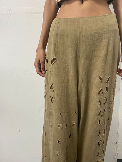 Natural Hand Dyed Triple Embroidered Trousers-Luna Del Pinal-APOC STORE